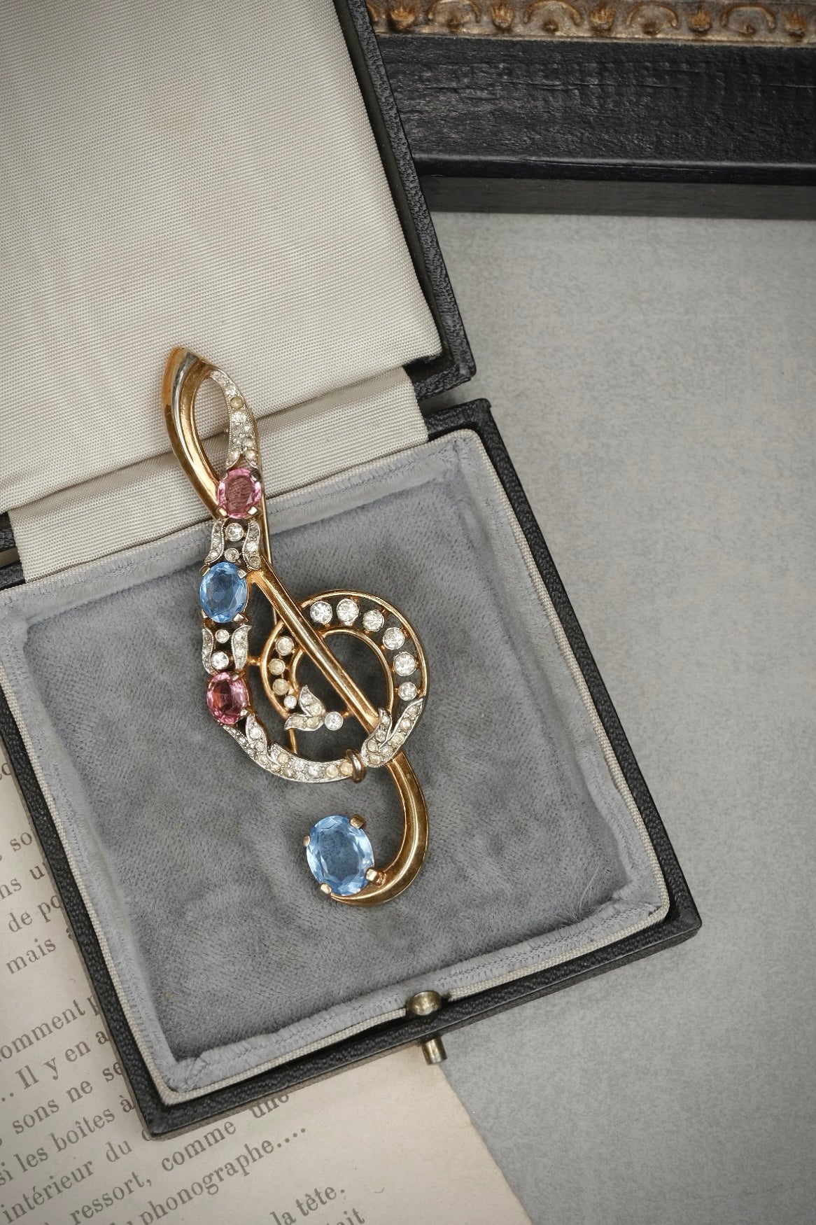 Vintage Trifari Signed Treble Clef Brooch Pink & Blue Rhinestones Musical Note Pin