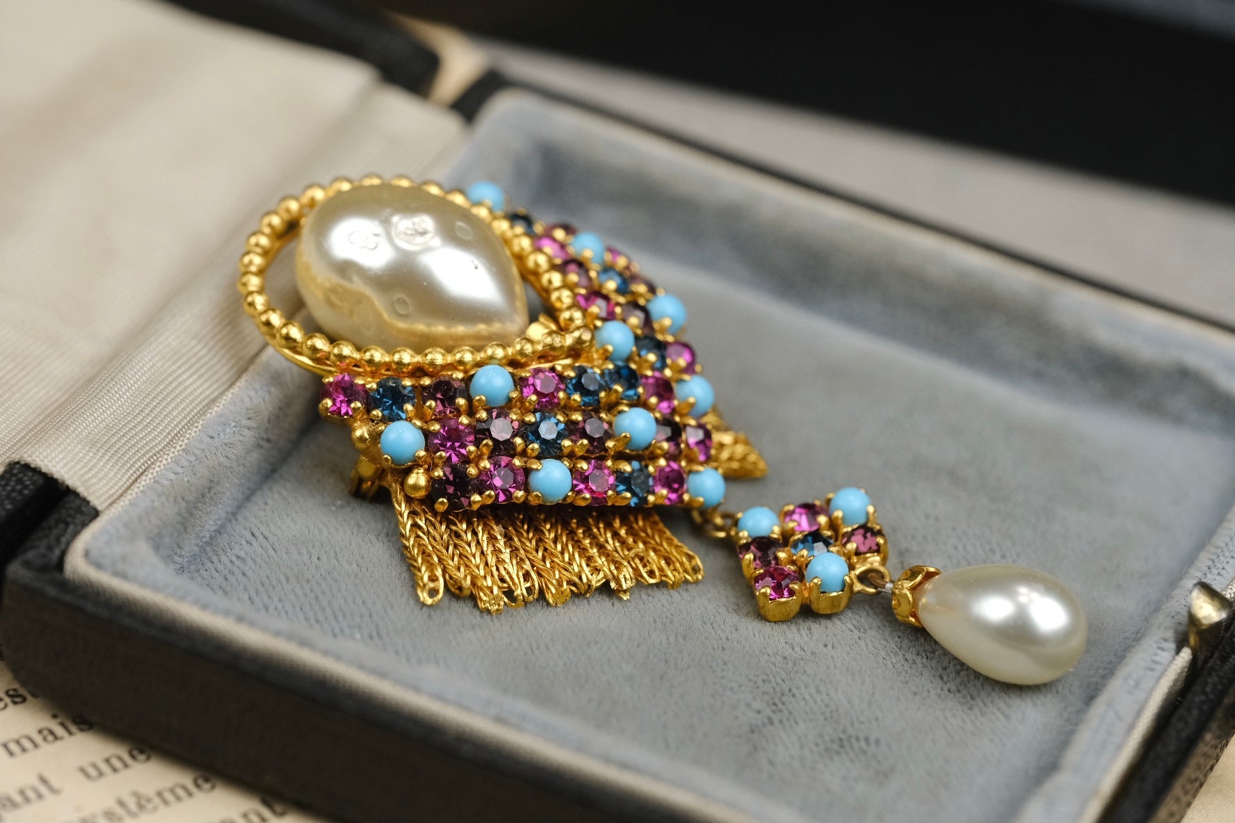 Vintage Unsigned French Made Tassel Brooch With Faux Pearl ,Purple, Magenta, Sapphire Blue Rhinestones and Turquoise Cabochons