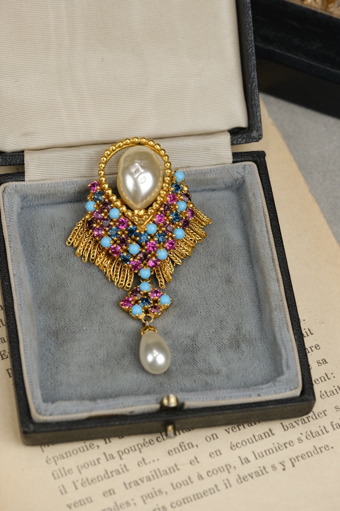Vintage Unsigned French Made Tassel Brooch With Faux Pearl ,Purple, Magenta, Sapphire Blue Rhinestones and Turquoise Cabochons