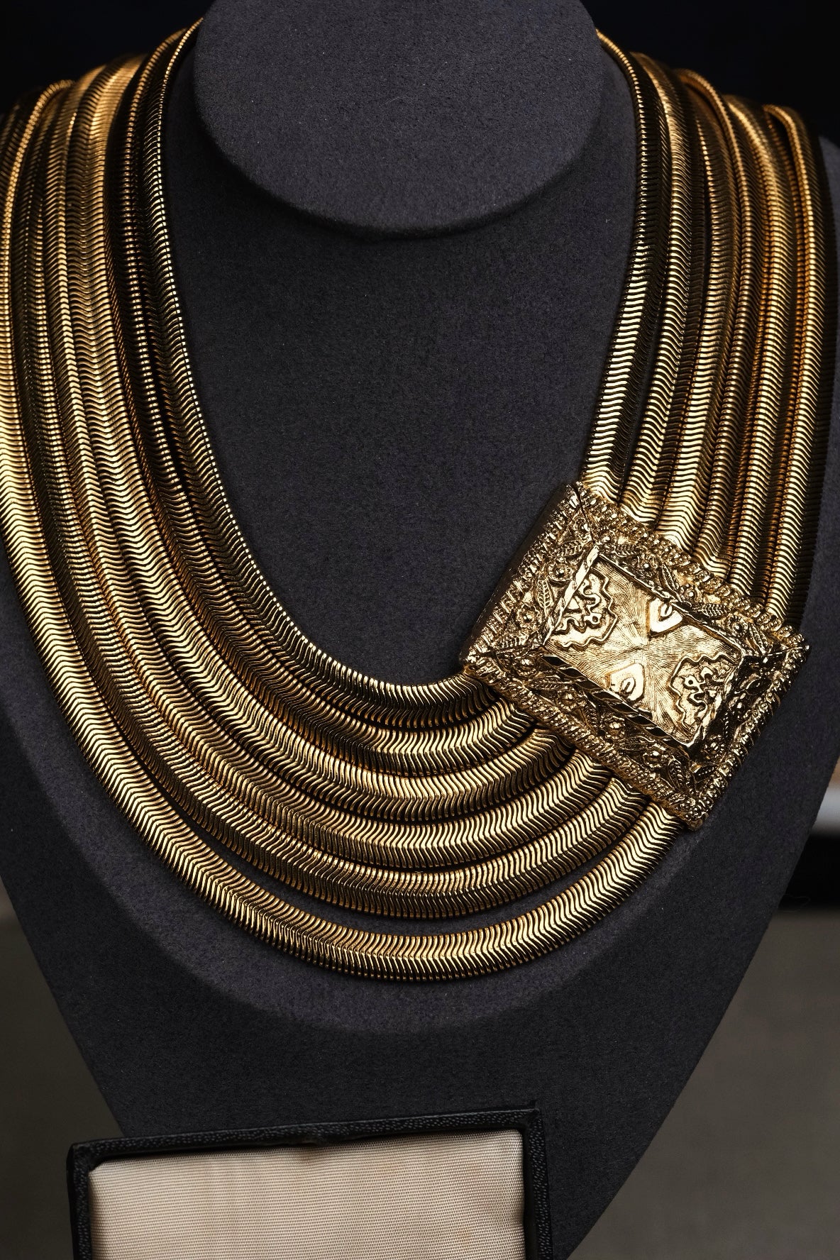 Vintage 1970s Les Bernard Signed Gold Tone Multi-Strand Snake Chain Necklace & Clip-On Earrings Set