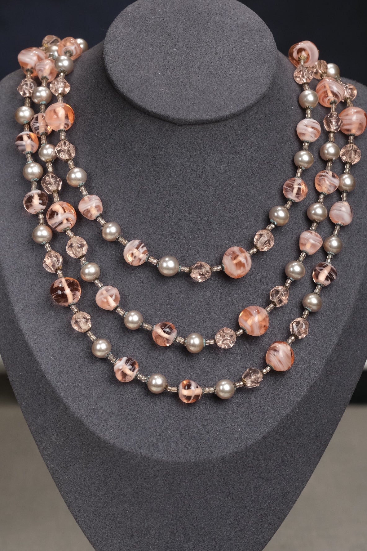 Vintage Miriam Haskell Signed Pink Art Glass & Glass Pearl Triple Strand Necklace