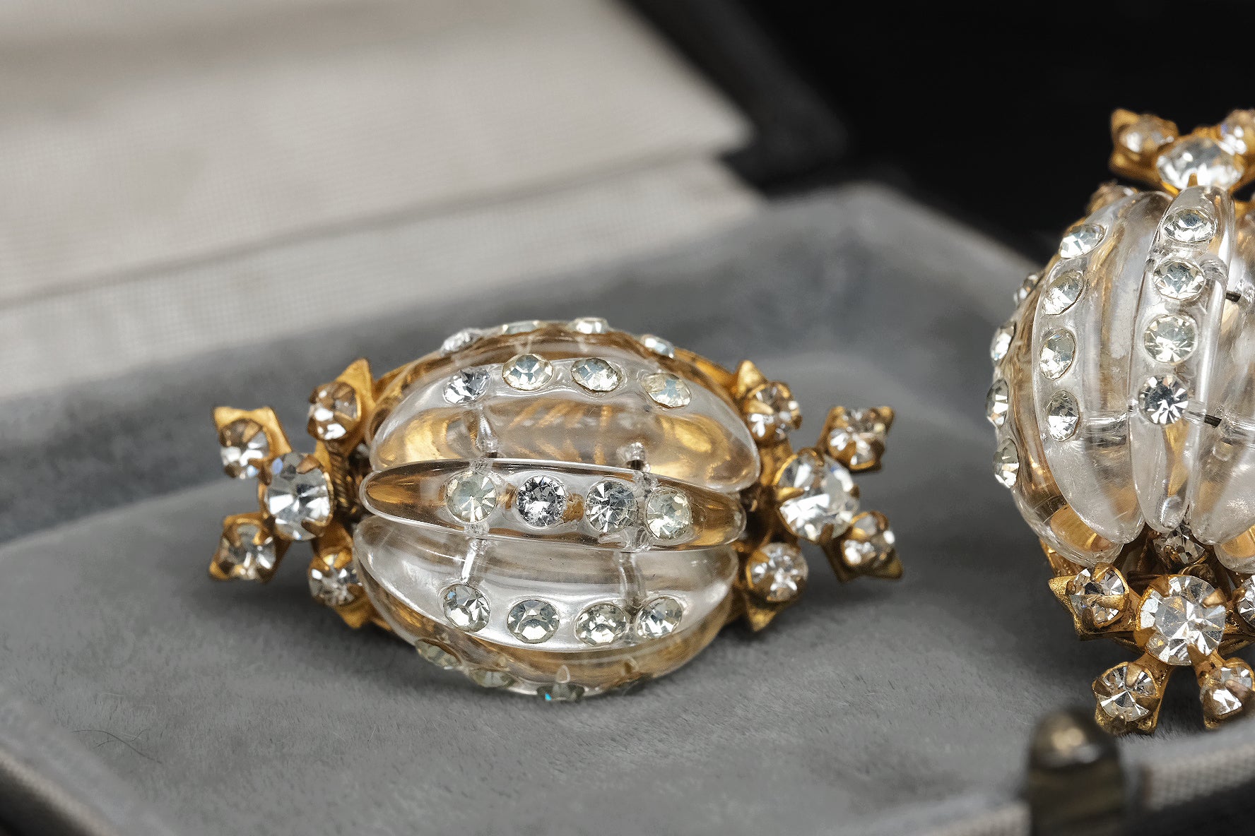 RARE Vintage 1940s Frank Hess for Miriam Haskell Signed Clear Glass Melon Bead Rhinestone Clip Earrings