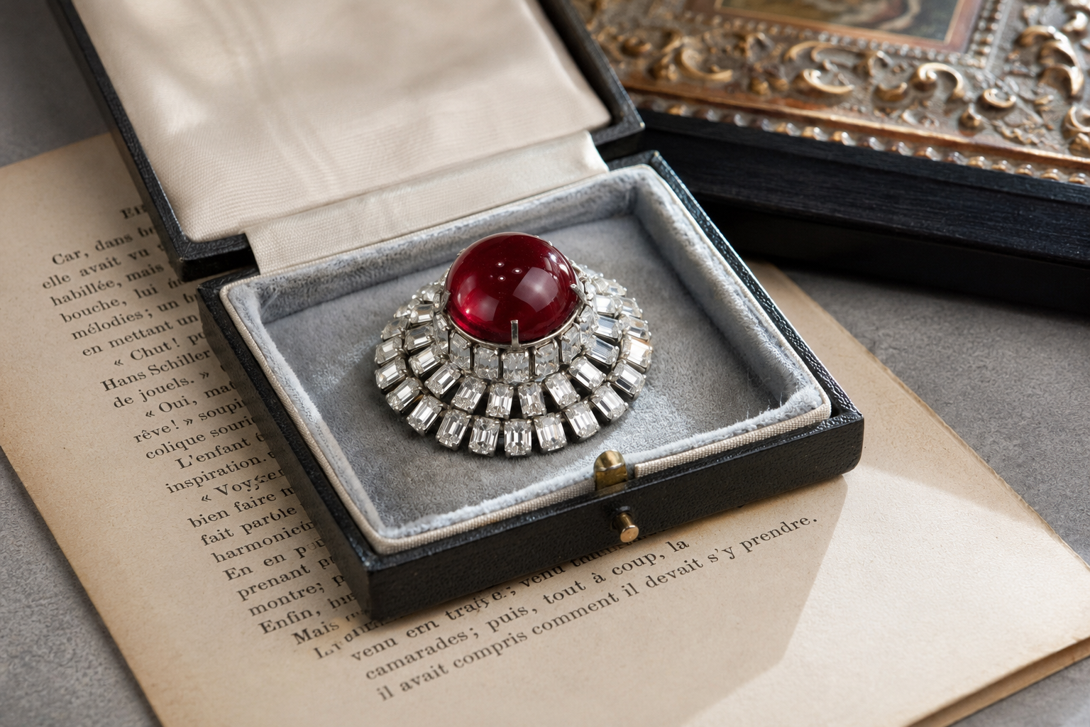 Vintage Roger Jean Pierre French DEPOSE Fur Clip | Large Ruby Red Glass Cabochon & Baguette Rhinestone Brooch | 1950s Couture Jewelry