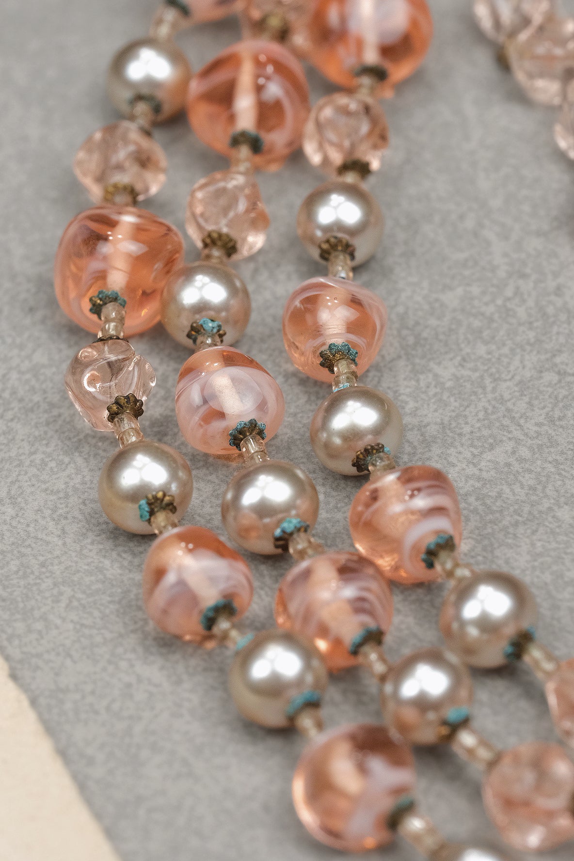 Vintage Miriam Haskell Signed Pink Art Glass & Glass Pearl Triple Strand Necklace