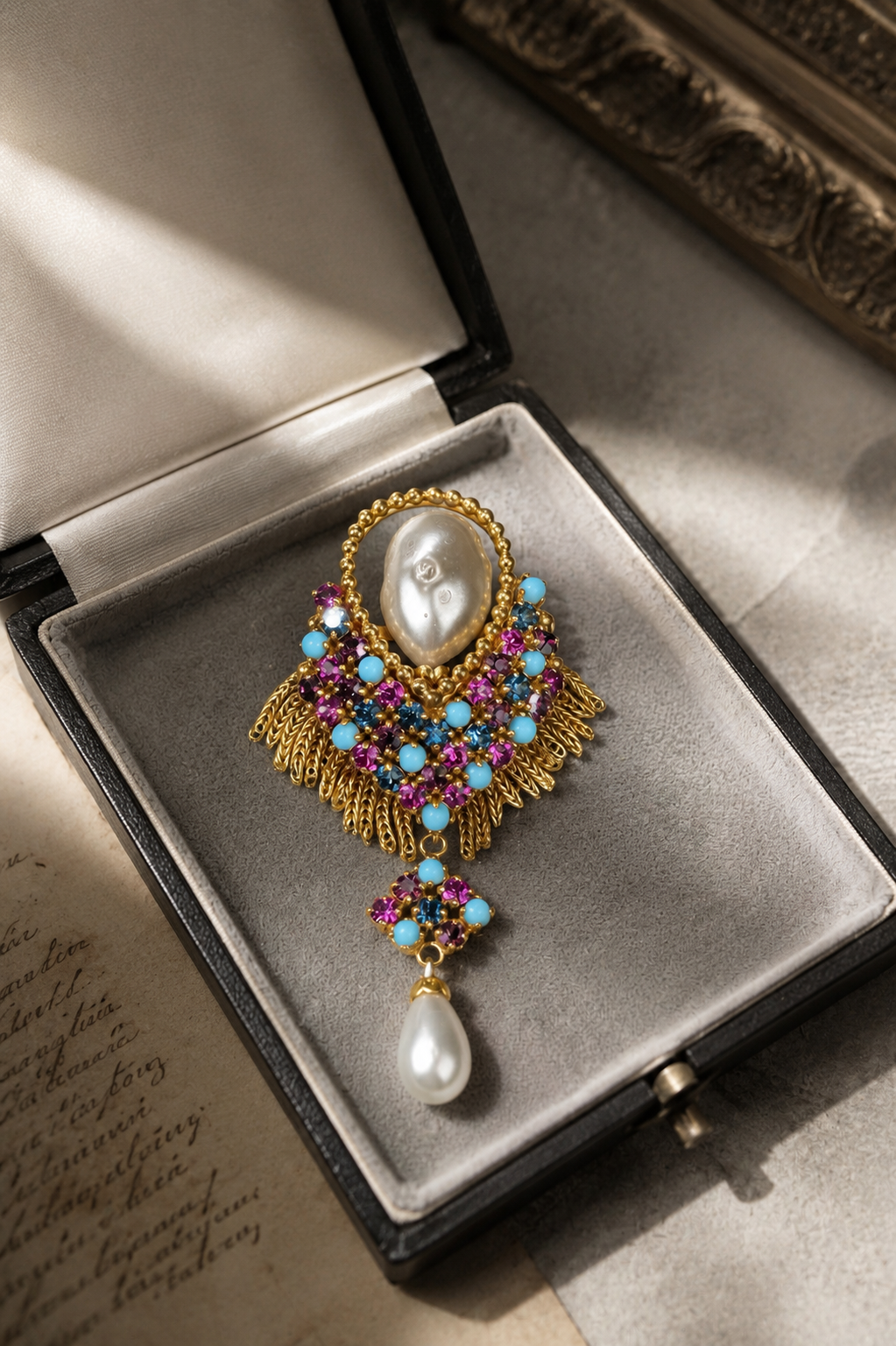 Vintage Unsigned French Made Tassel Brooch With Faux Pearl ,Purple, Magenta, Sapphire Blue Rhinestones and Turquoise Cabochons