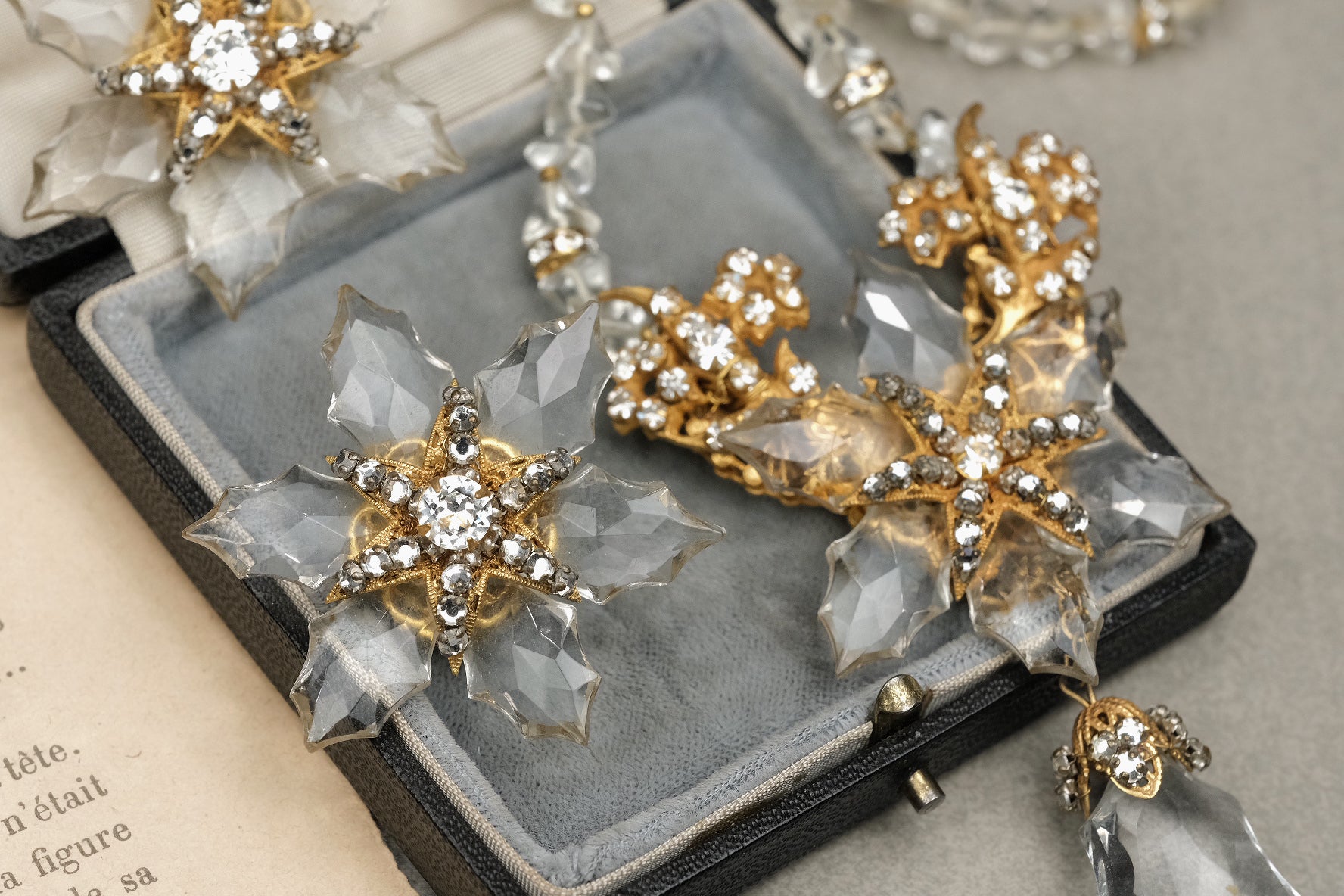 RARE Vintage 1940s Frank Hess for Miriam Haskell Signed Crystal Snowflake Long Necklace & Clip-On Earrings Set