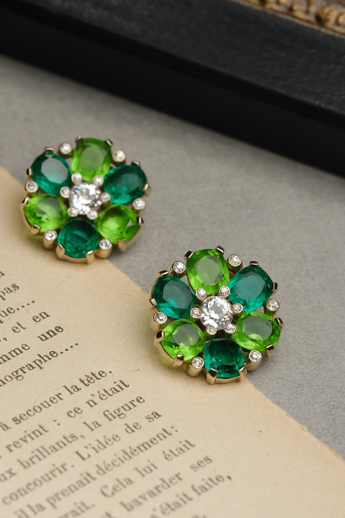 Vintage JOMAZ Green Crystal Floral Clip On Earrings