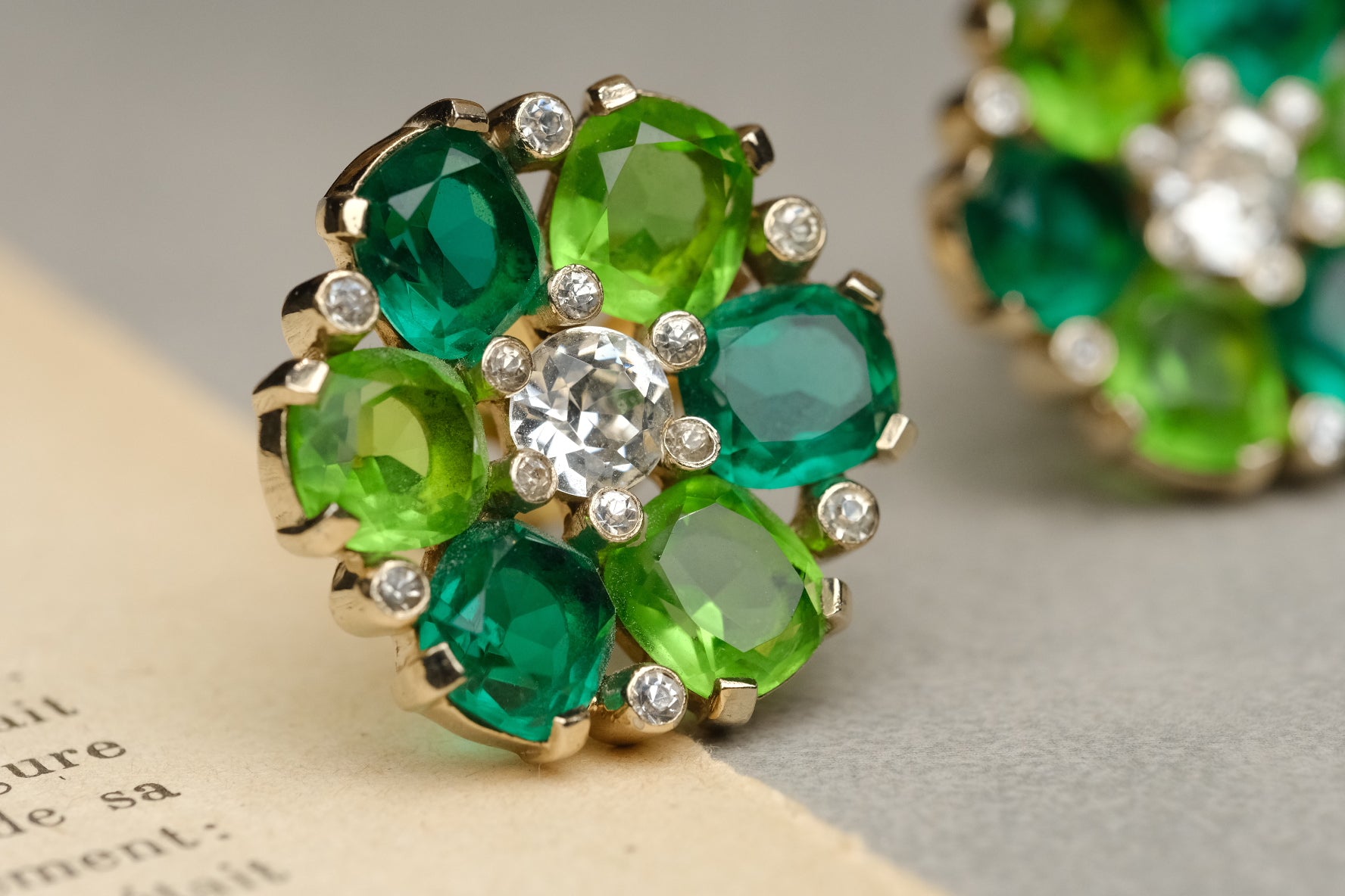 Vintage JOMAZ Green Crystal Floral Clip On Earrings