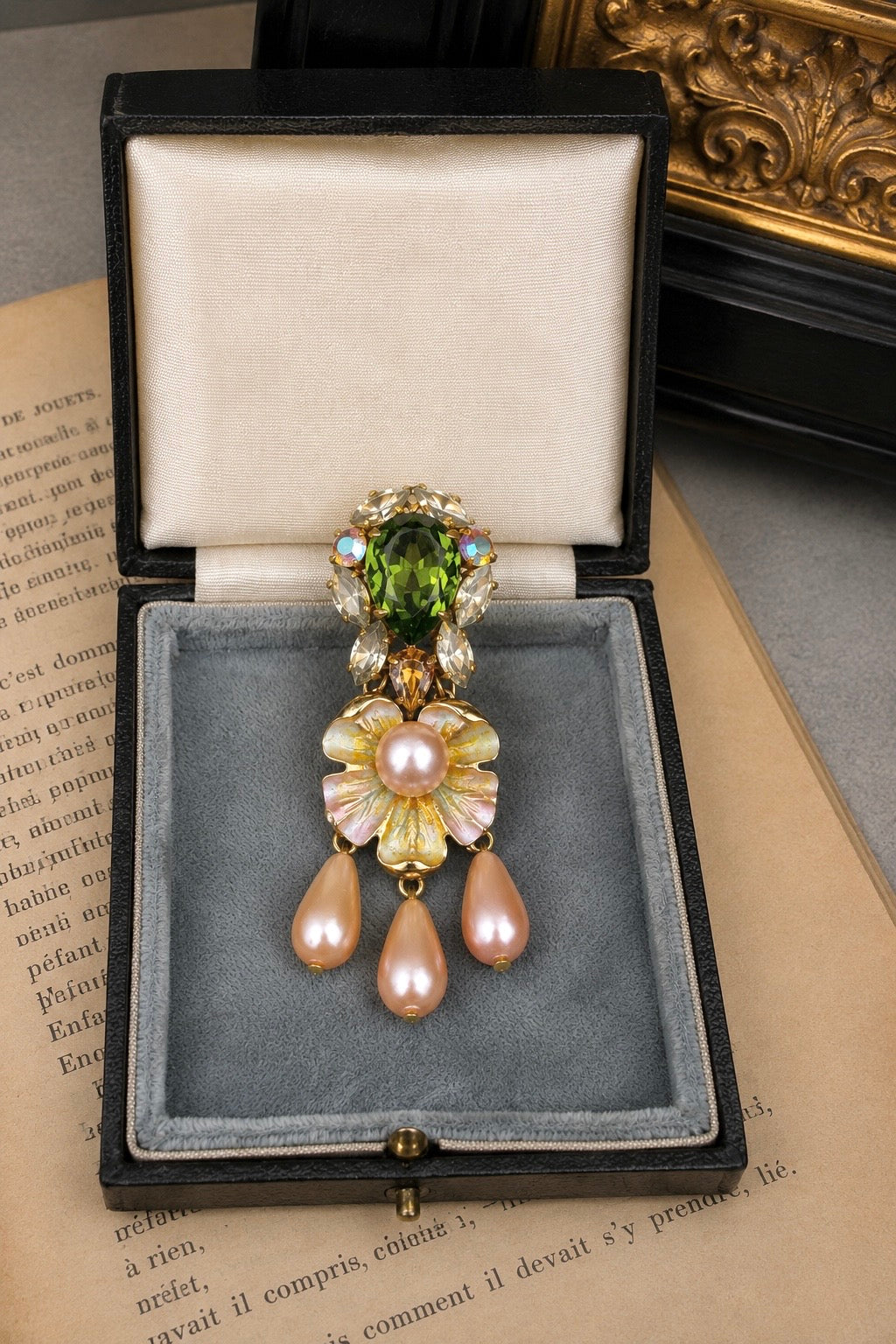 Vintage Depose Signed Art Nouveau Style Enamel Fur Clip Brooch | Olive Green Crystal & Pink Pearl