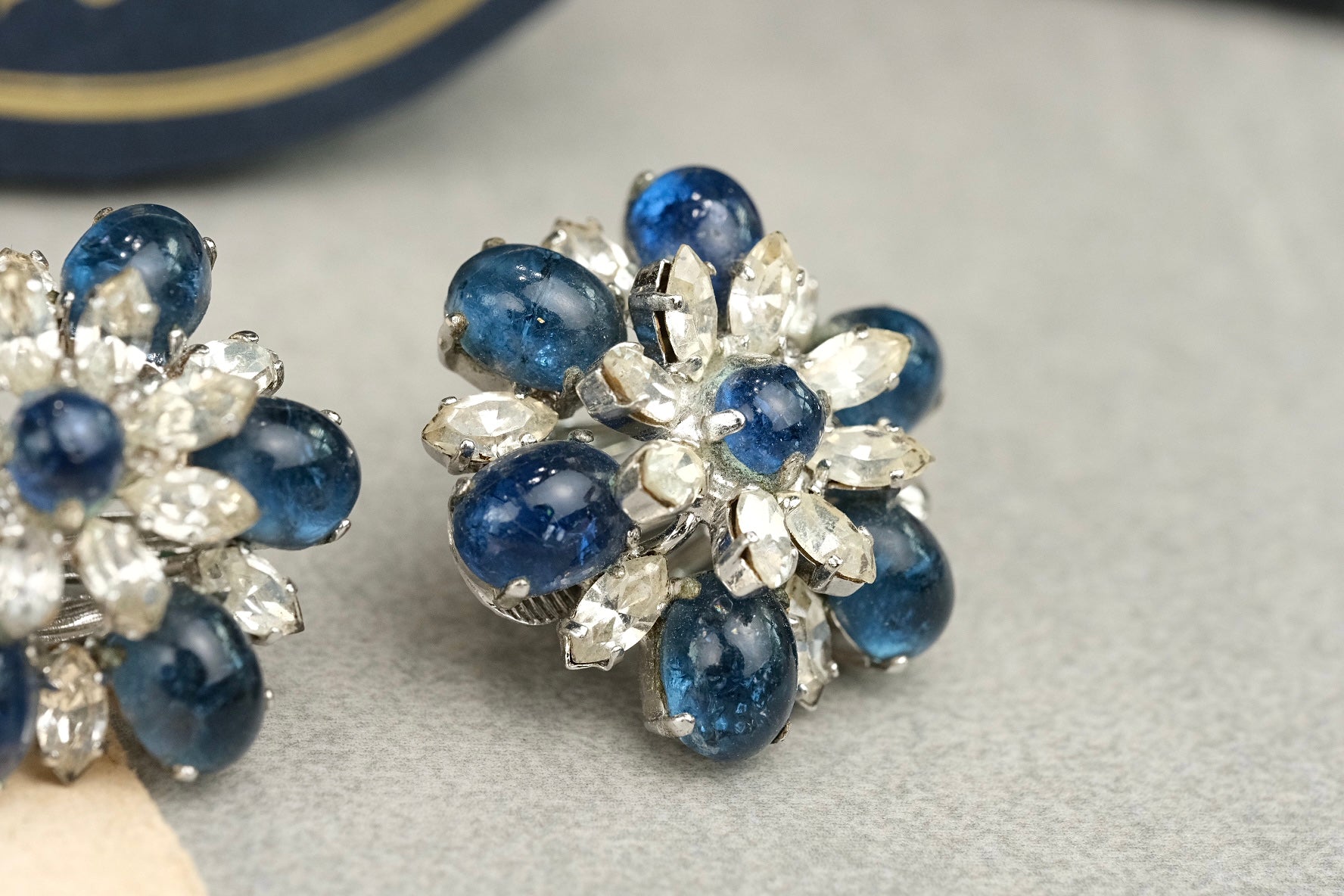 Vintage 1966 Christian Dior Germany Sapphire Blue Crackled Glass Clip On Earrings