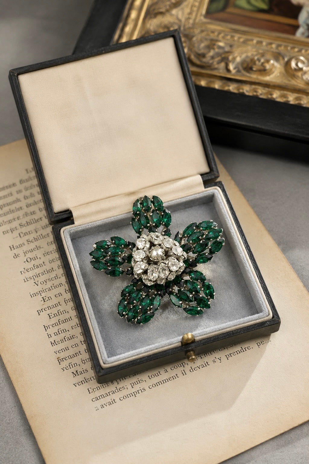 Vintage Roger Jean Pierre Emerald Green Rhinestone Flower Brooch | France | c.1950s–1960s
