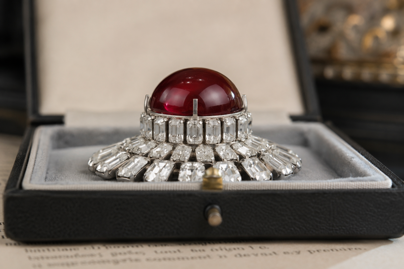 Vintage Roger Jean Pierre French DEPOSE Fur Clip | Large Ruby Red Glass Cabochon & Baguette Rhinestone Brooch | 1950s Couture Jewelry