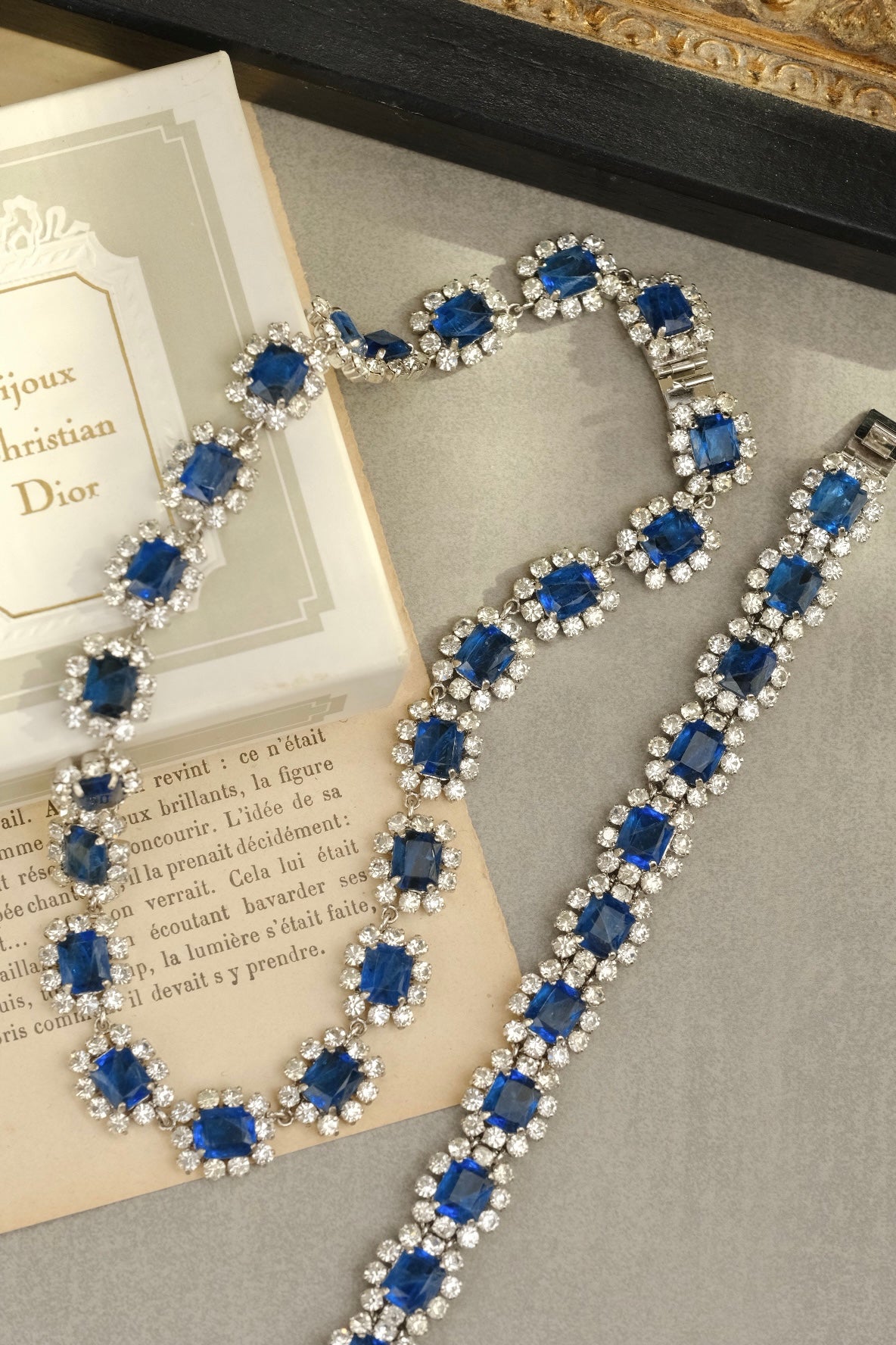 Vintage 70s Christian Dior Germany Sapphire Blue Flawed Glass Necklace & Bracelet