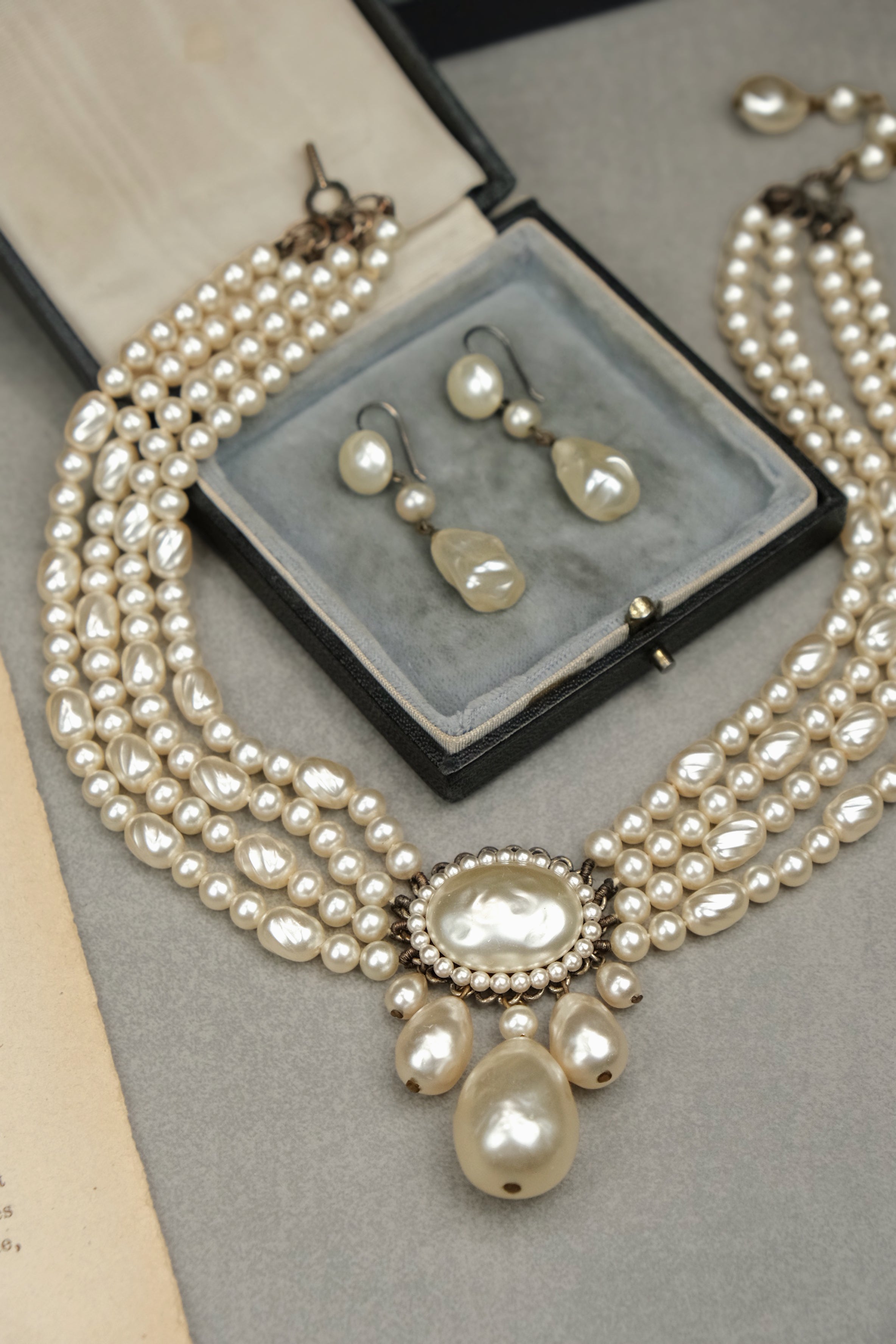 Vintage Louis Rousselet Glass Pearl Necklace & Matching Earrings Set