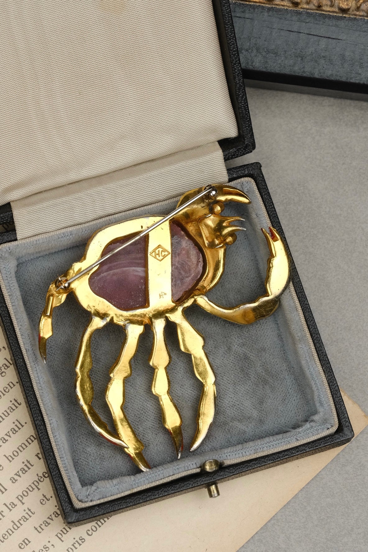 Rare Early 1940s Hattie Carnegie HC Signed Pink Molded Glass Crab Brooch With Turquoise Cabochons And Enamel