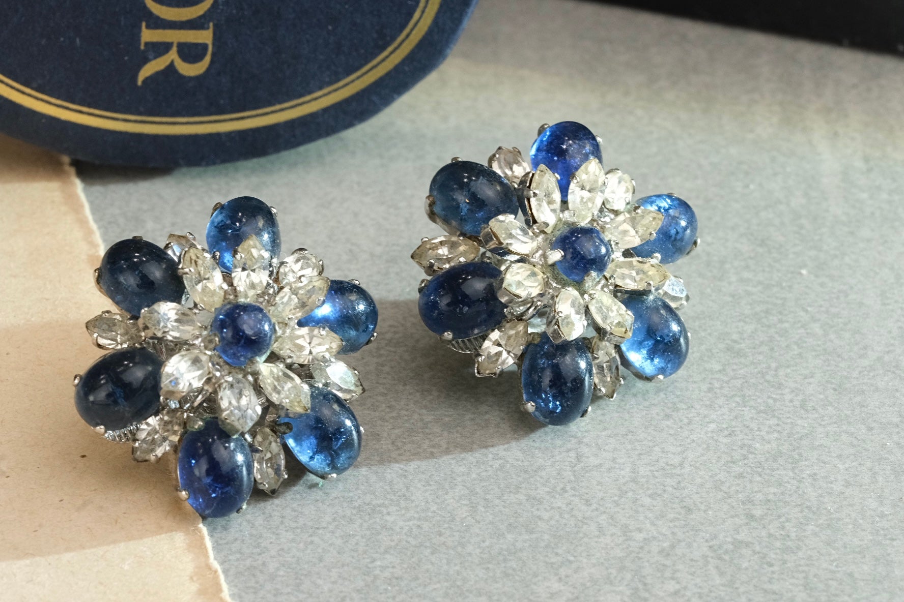 Vintage 1966 Christian Dior Germany Sapphire Blue Crackled Glass Clip On Earrings