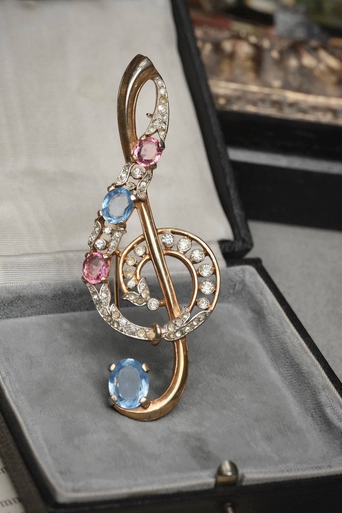 Vintage Trifari Signed Treble Clef Brooch Pink & Blue Rhinestones Musical Note Pin