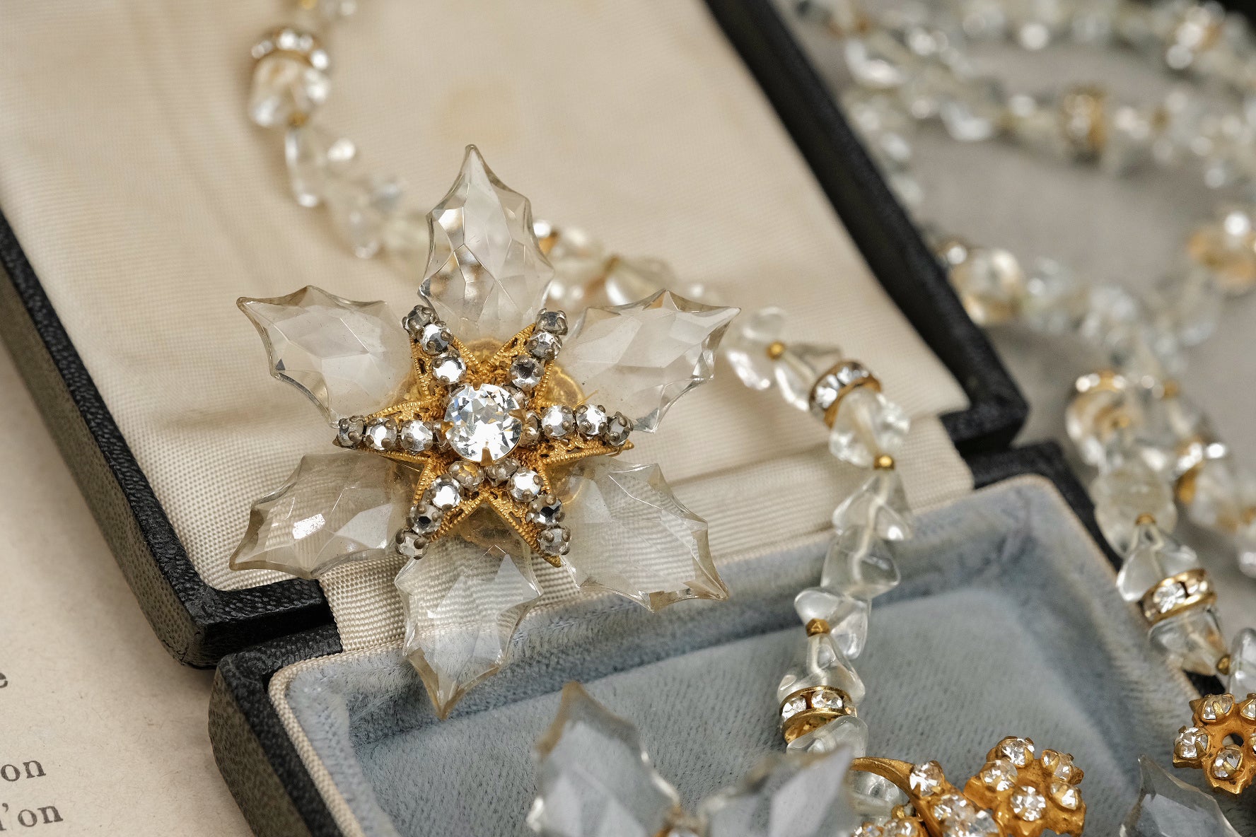 RARE Vintage 1940s Frank Hess for Miriam Haskell Signed Crystal Snowflake Long Necklace & Clip-On Earrings Set