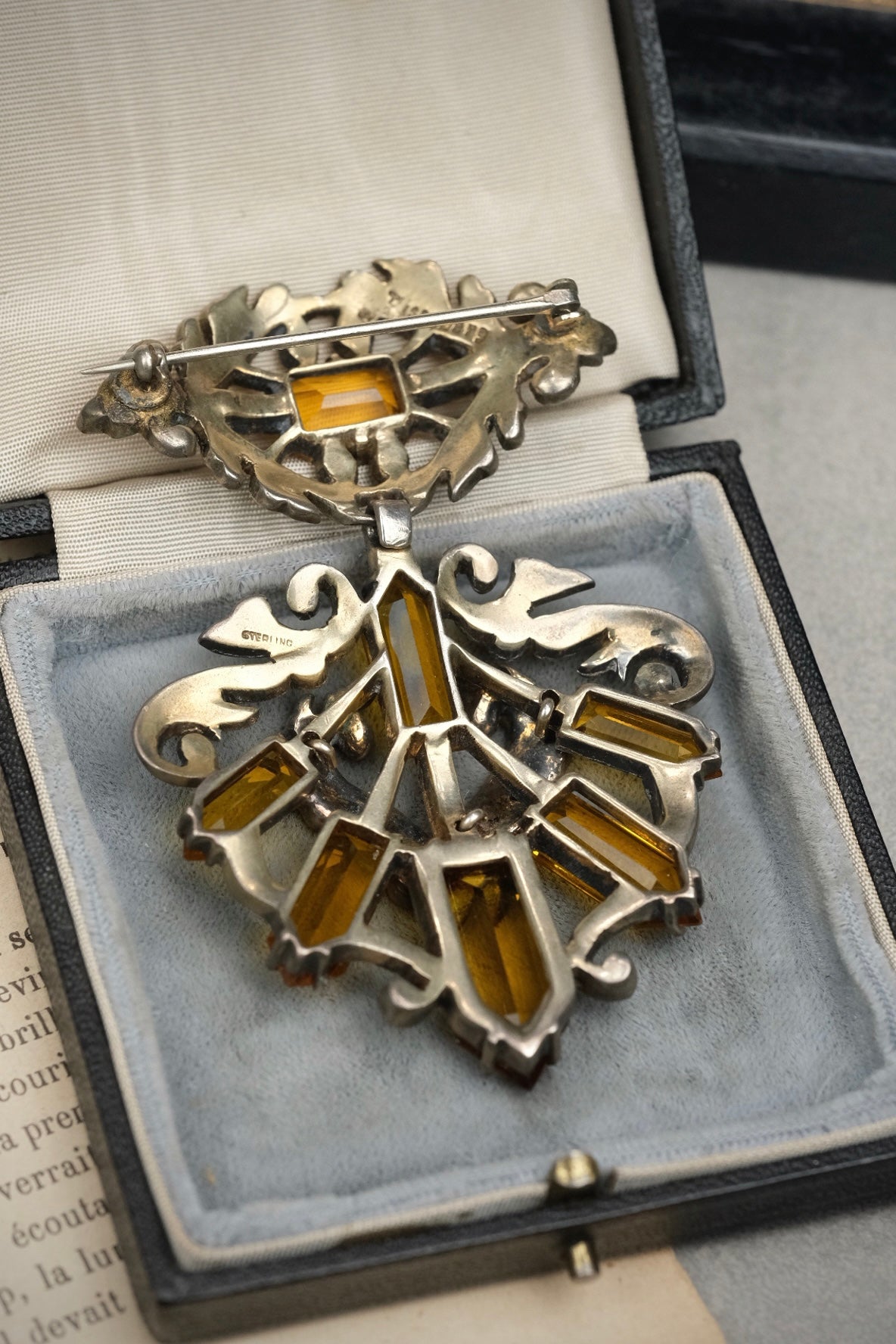 Vintage Eisenberg Original Sterling Silver Vermeil Topaz Glass Dangle Brooch