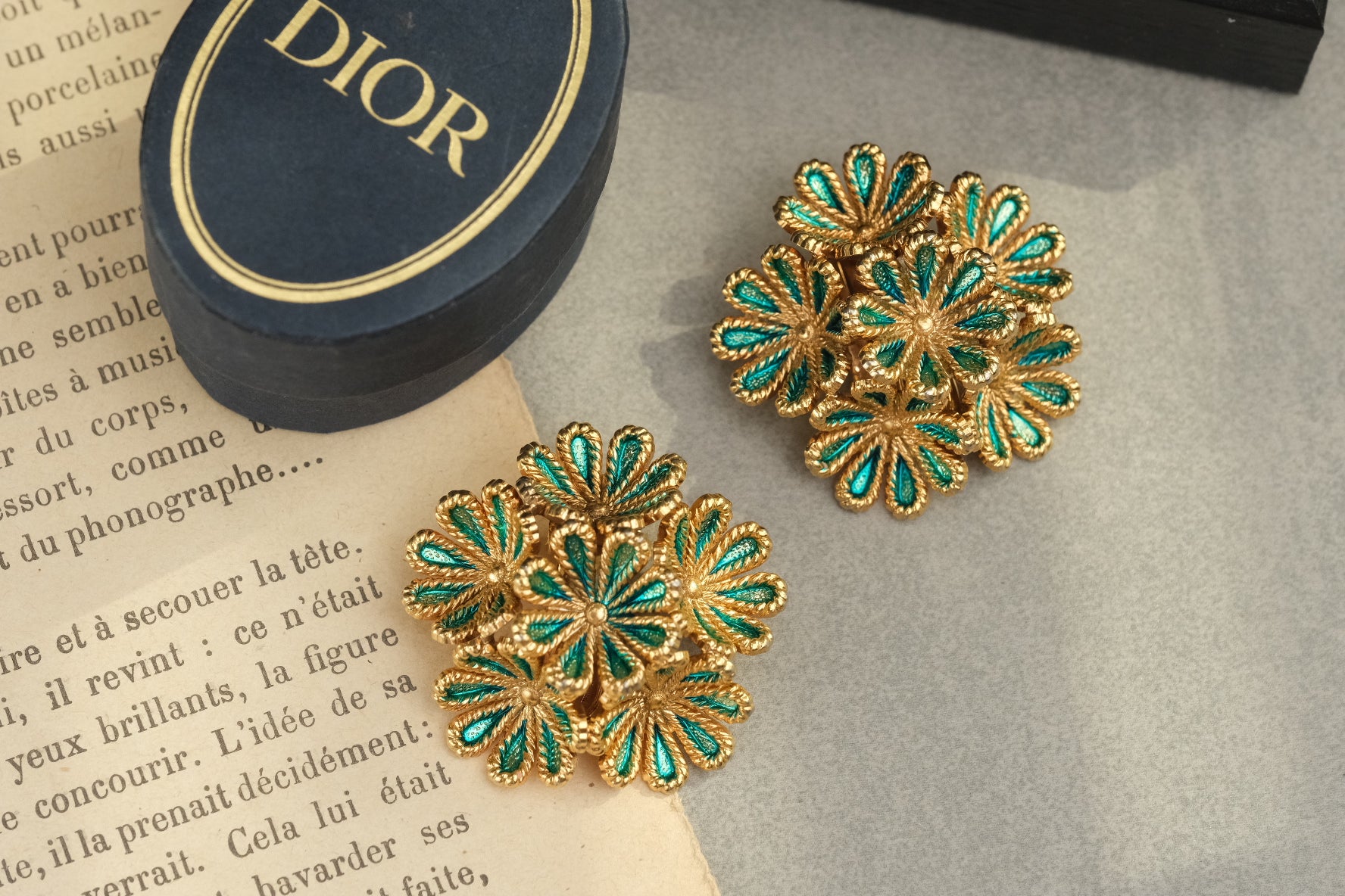 Vintage 1967 Christian Dior Germany Enamel Floral Cluster Clip On Earrings
