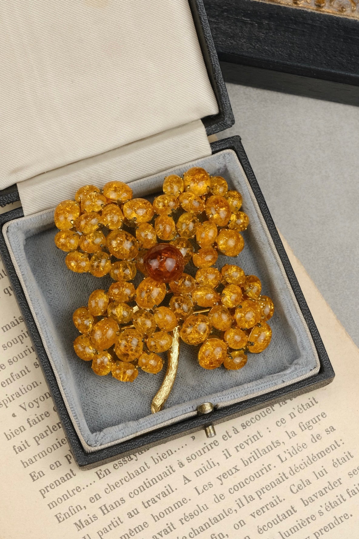 Vintage 1966 Christian Dior Crackled Glass Clover Brooch