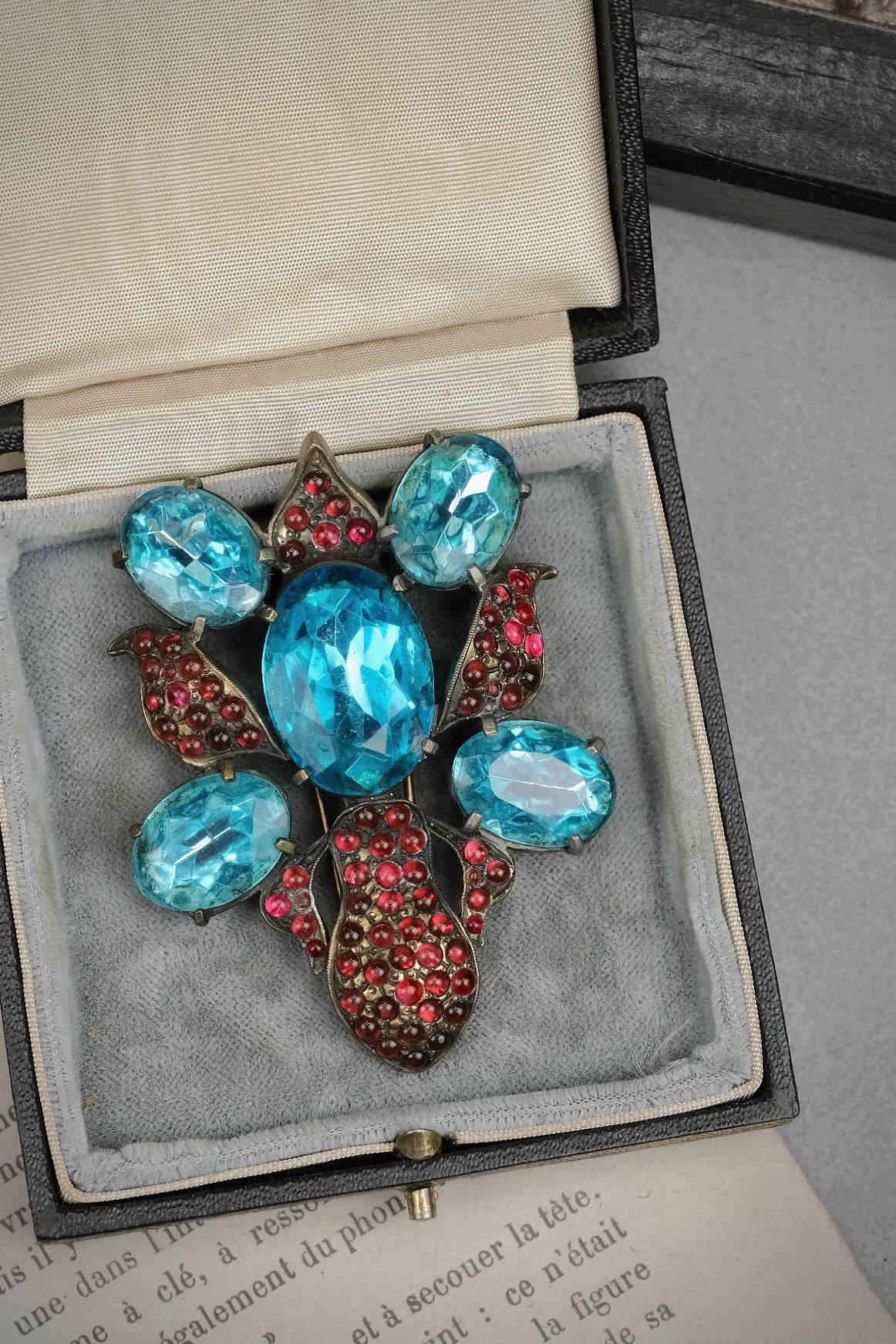 Vintage Eisenberg Original Signed Orchid Fur Clip | Brooch,Blue Glass & Garnet Red Cabochon-Book Piece