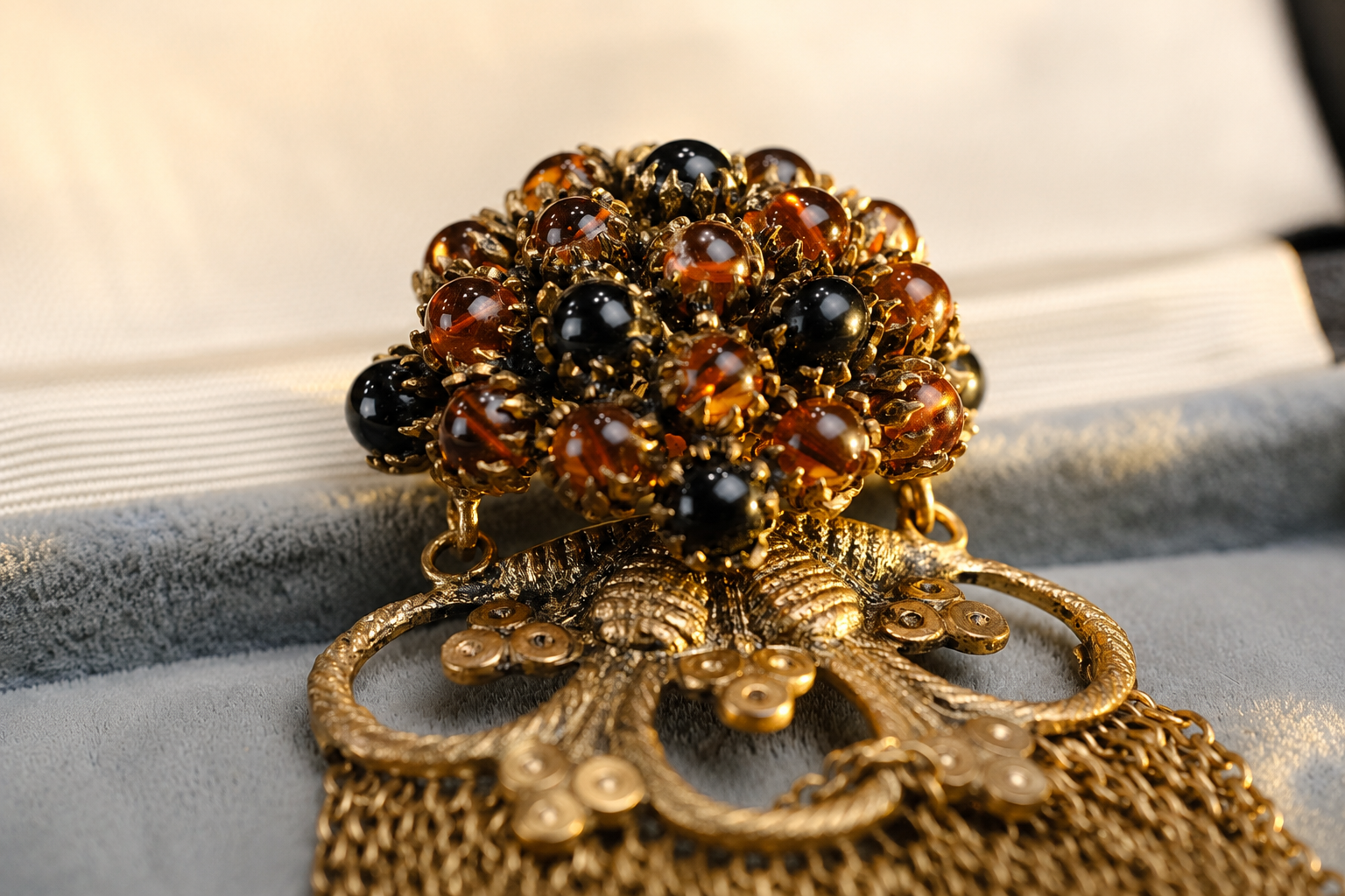 Vintage Unsigned French Tassel Brooch with Black Amber Glass Beads