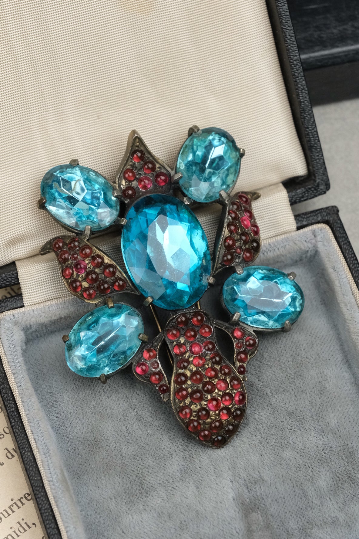 Vintage Eisenberg Original Signed Orchid Fur Clip | Brooch,Blue Glass & Garnet Red Cabochon-Book Piece