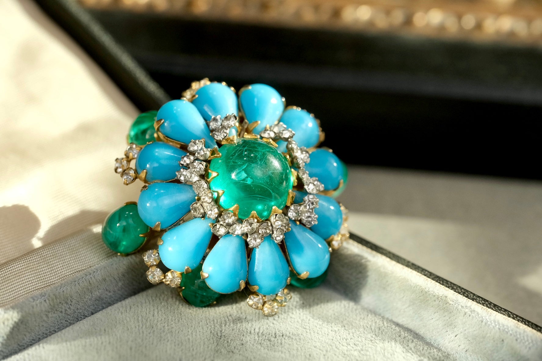 Vintage SCAASI Signed Emerald Green Flawed Cabochon Glass & Faux Turquoise Stones Floral Brooch