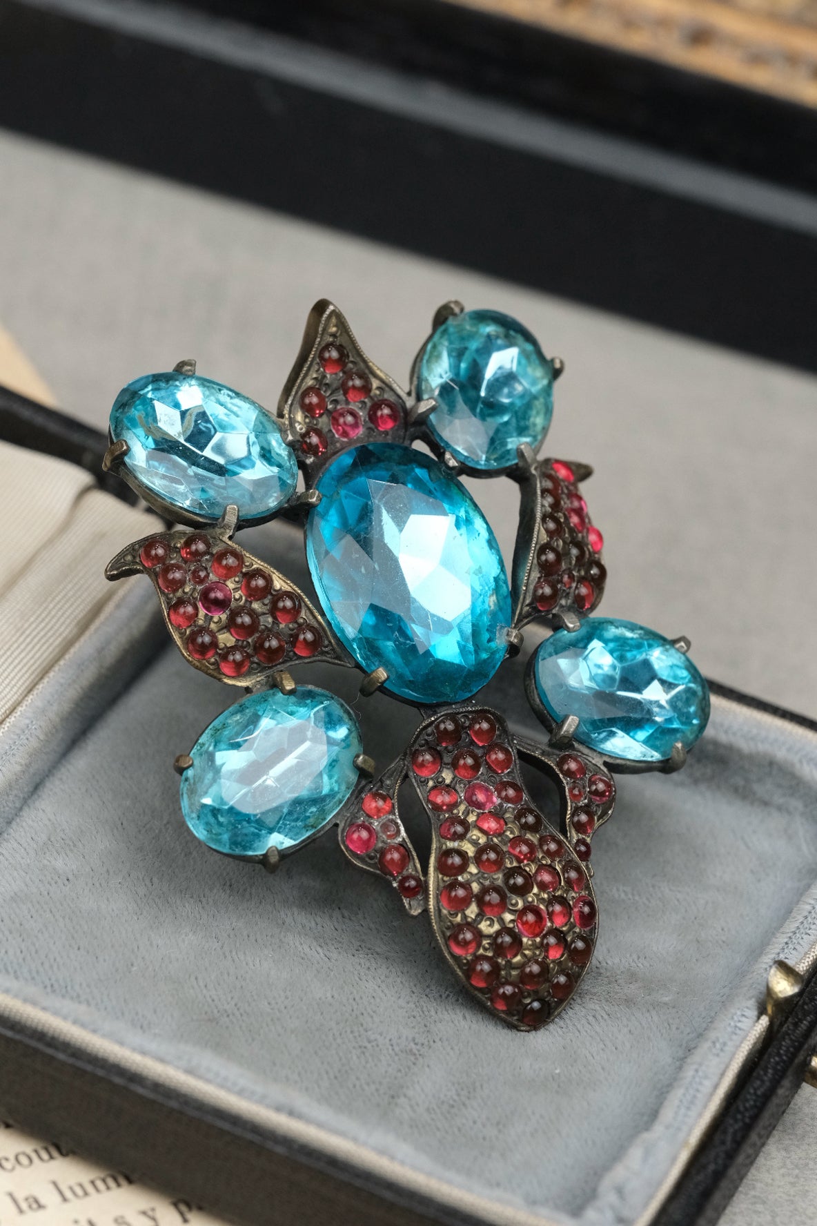Vintage Eisenberg Original Signed Orchid Fur Clip | Brooch,Blue Glass & Garnet Red Cabochon-Book Piece
