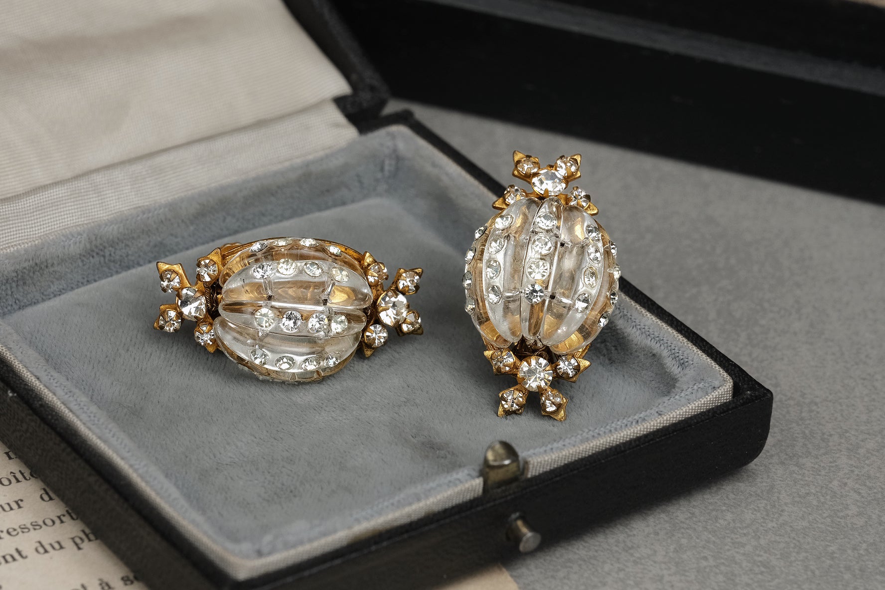 RARE Vintage 1940s Frank Hess for Miriam Haskell Signed Clear Glass Melon Bead Rhinestone Clip Earrings