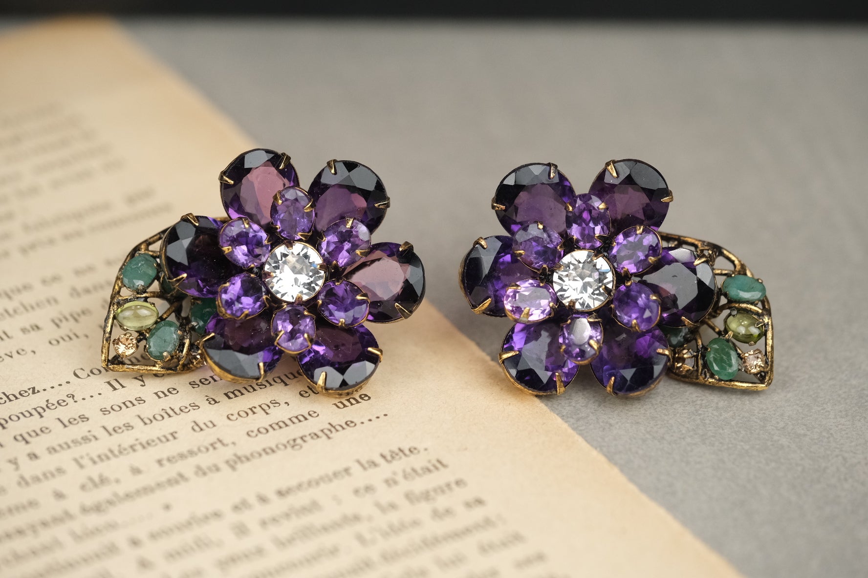 Vintage Iradj Moini Amethyst & Gemstone Floral Clip On Earrings
