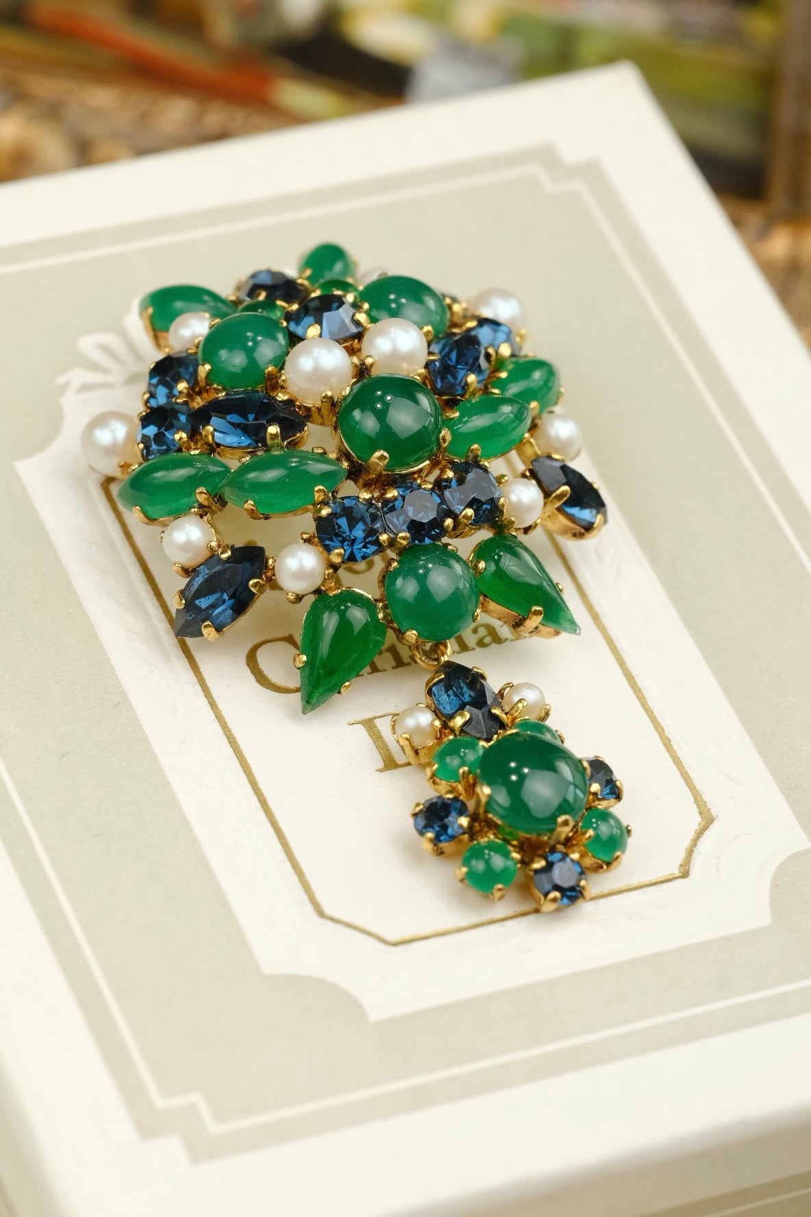 Vintage 1965 Christian Dior Germany Blue Crystal & Green Glass Brooch