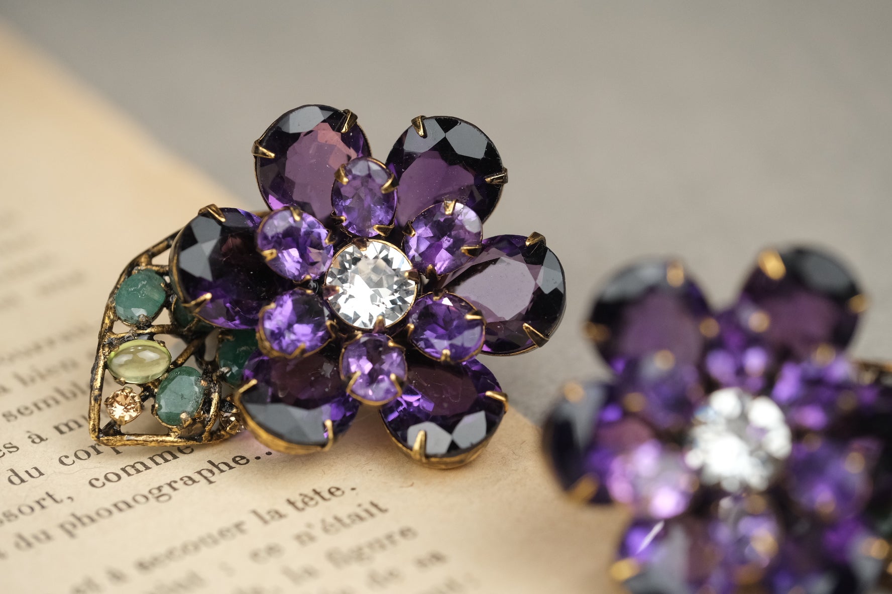 Vintage Iradj Moini Amethyst & Gemstone Floral Clip On Earrings