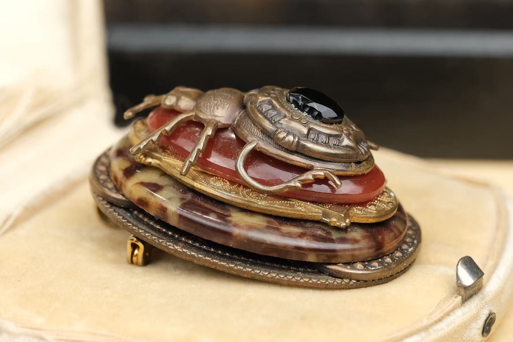 possible Czech or Bohemian Egyptian Revival mottled glass scarab convertible brooch pendant side profile