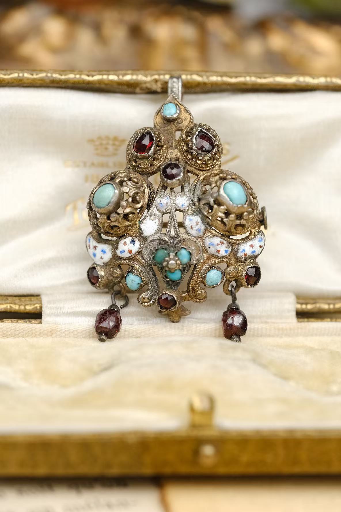 Austria-Hungary silver-gilt enamel turquoise convertible brooch pendant front full detail