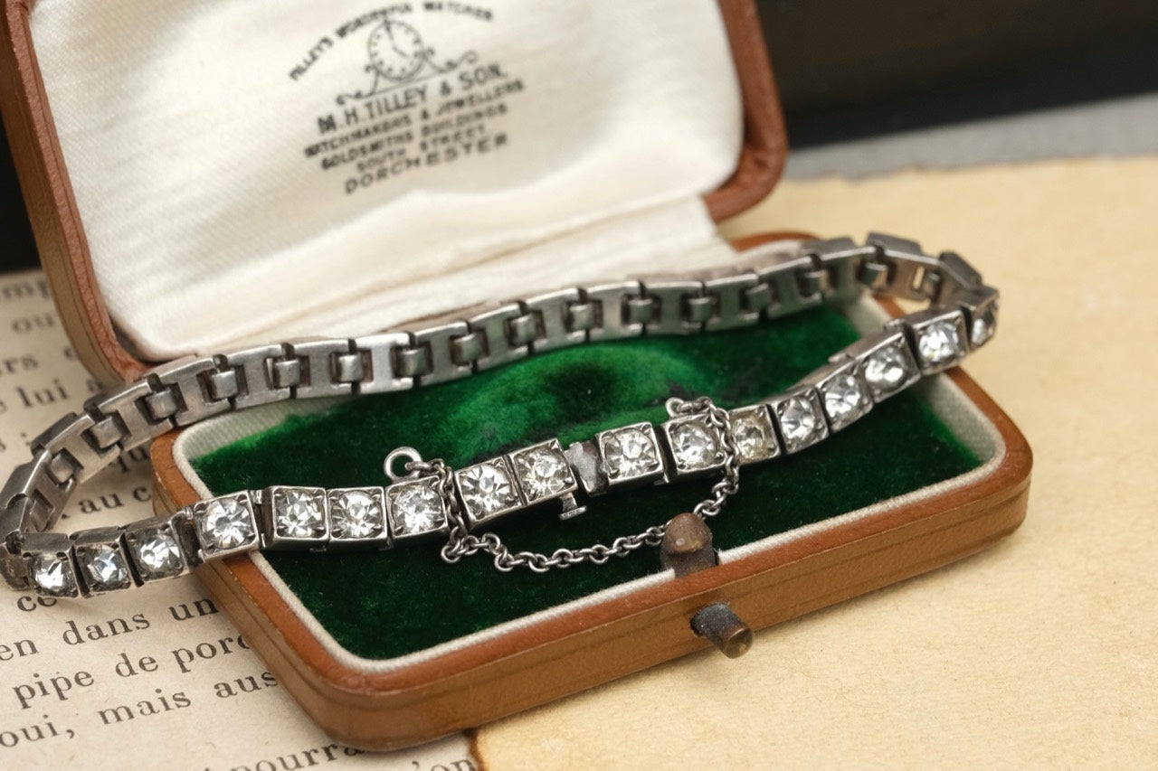 Antique Art Deco 925 sterling silver paste tennis-style bracelet photo 4