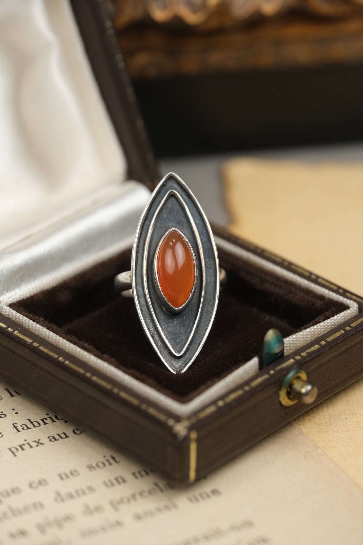 Art Deco 925 sterling silver carnelian Evil Eye ring, front view