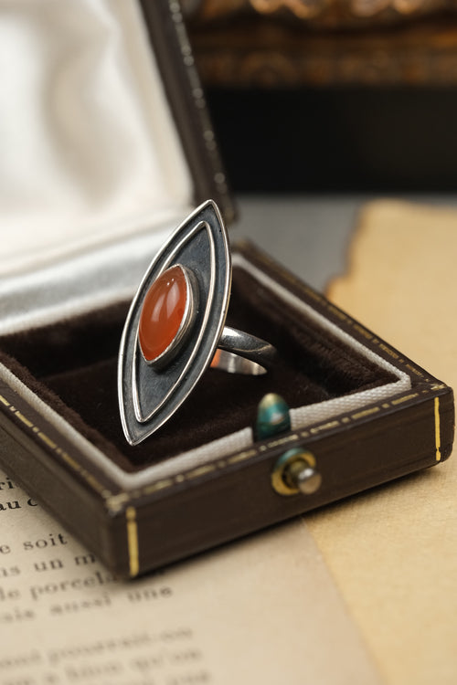 Art Deco 925 sterling silver carnelian Evil Eye ring, angled view