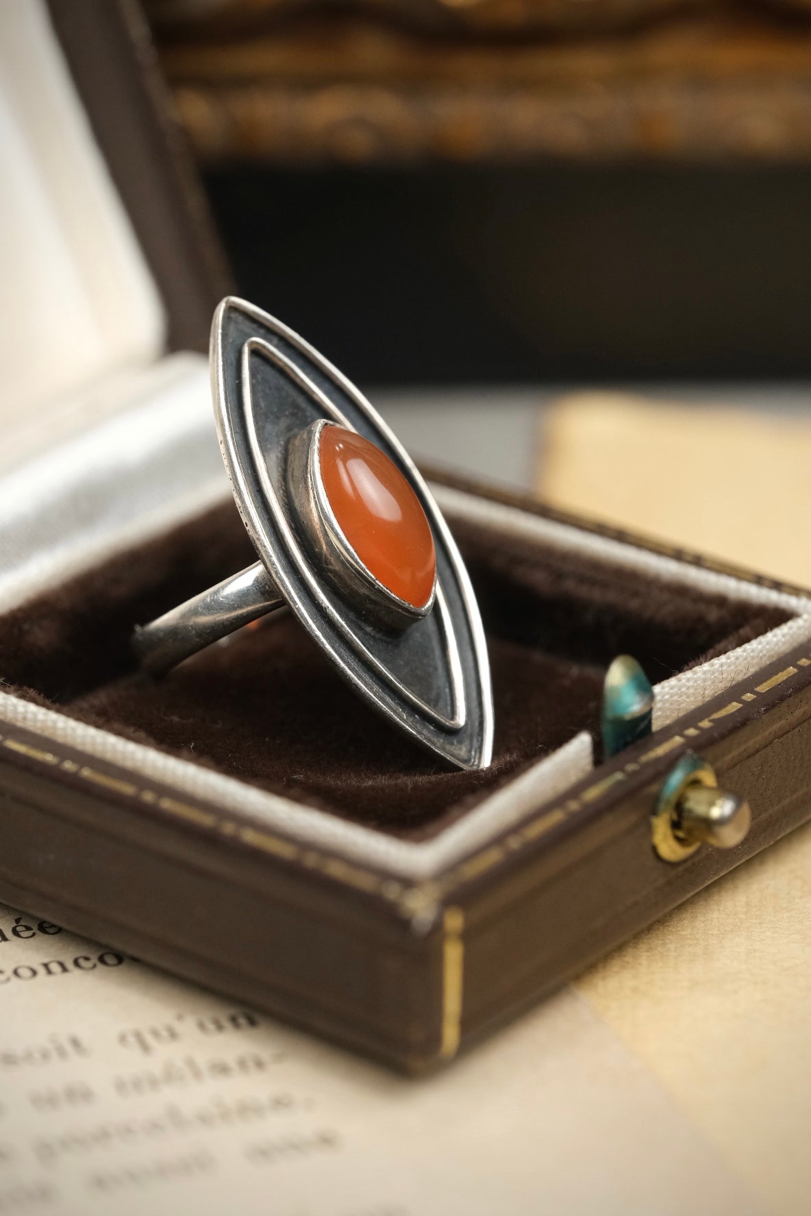 Art Deco carnelian Evil Eye ring, side view