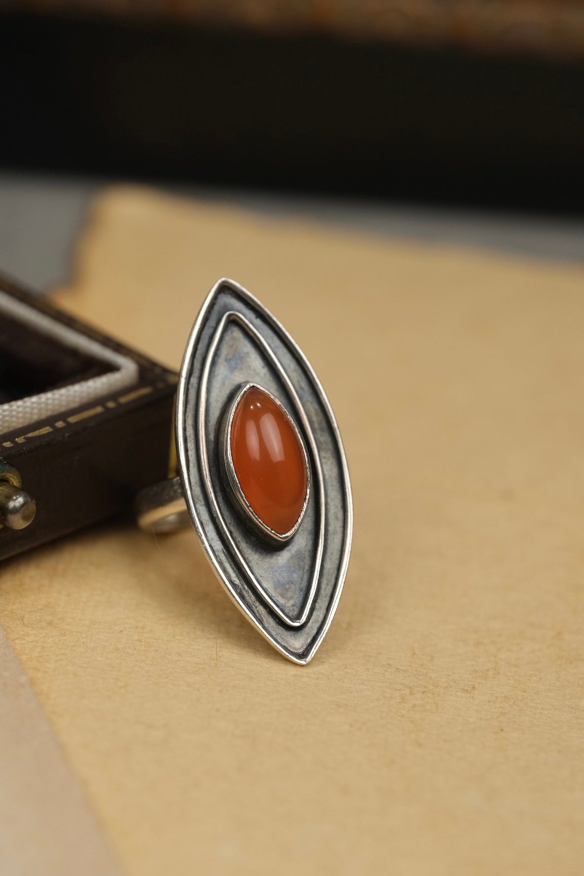 Art Deco carnelian ring, front detail