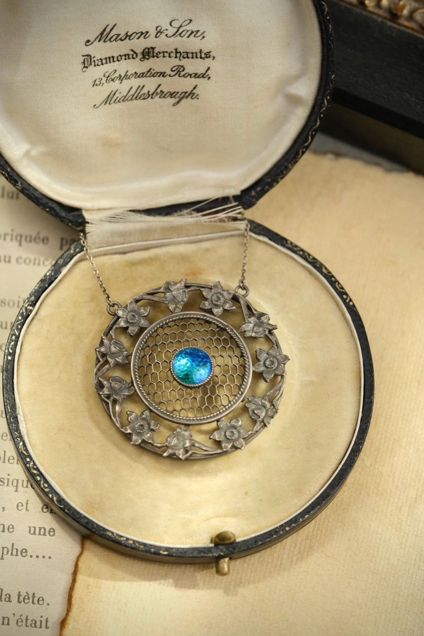 Art Nouveau sterling silver blue-green enamel floral pendant necklace in original display box