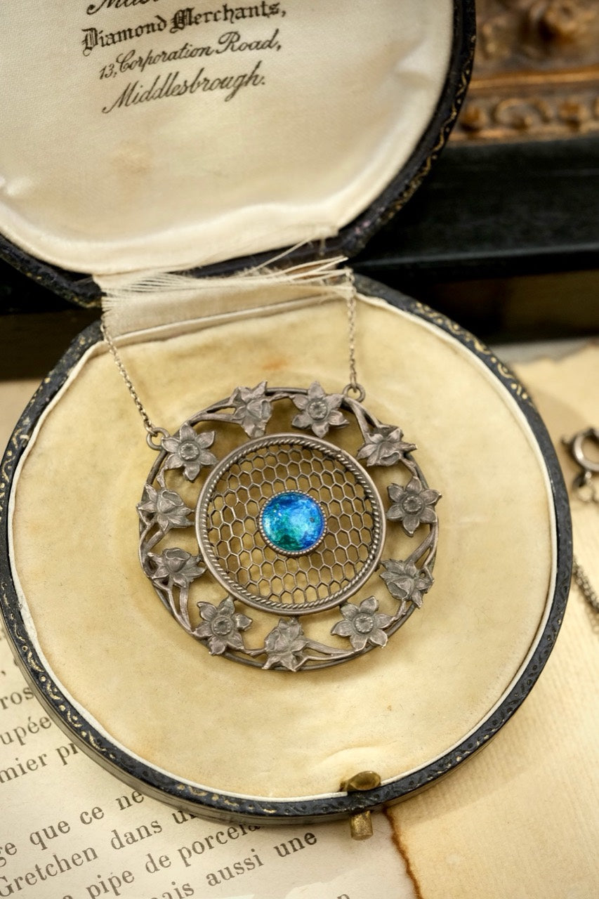 Art Nouveau sterling silver floral necklace pendant front view