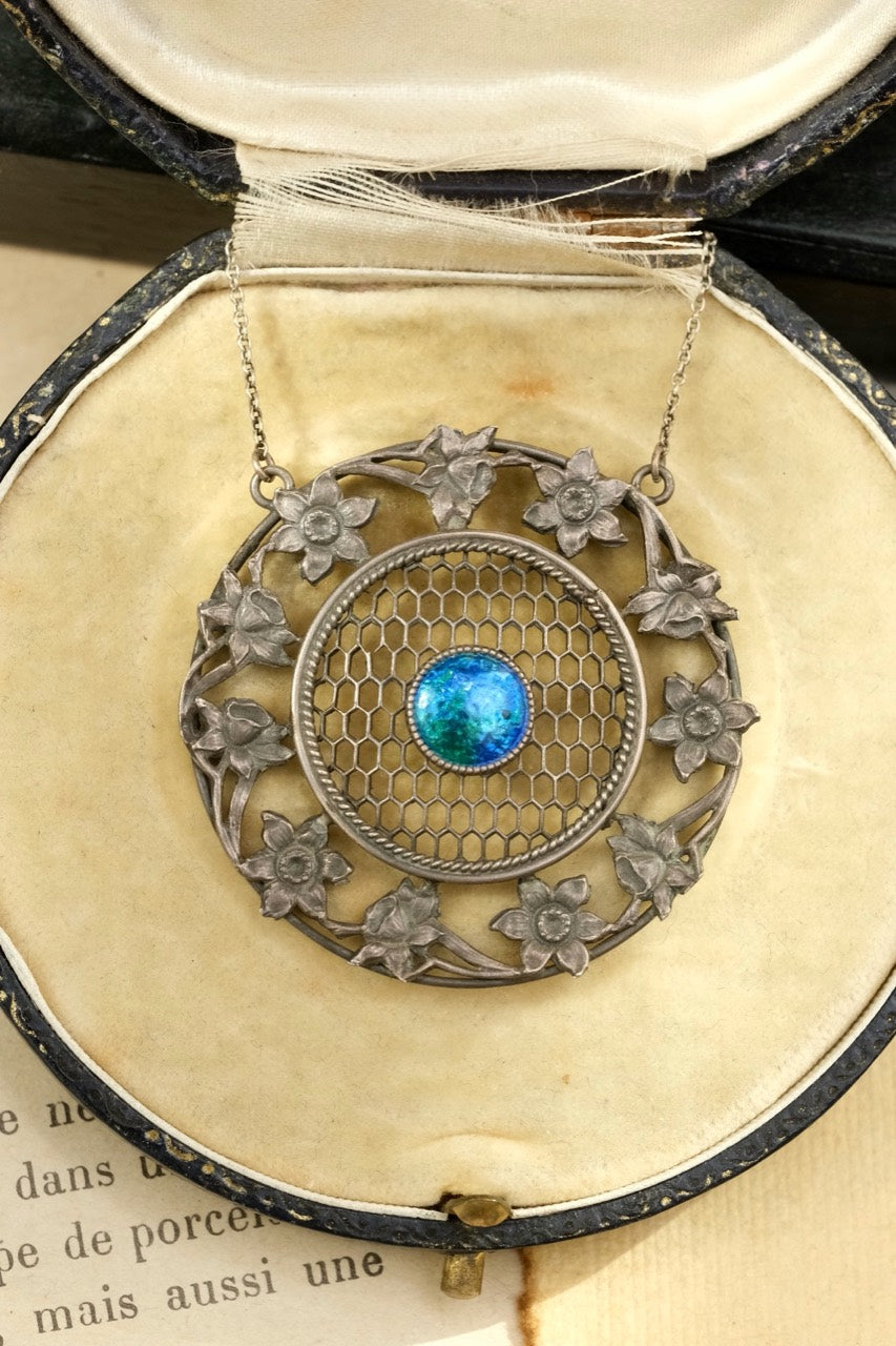 Art Nouveau sterling silver enamel pendant necklace close-up