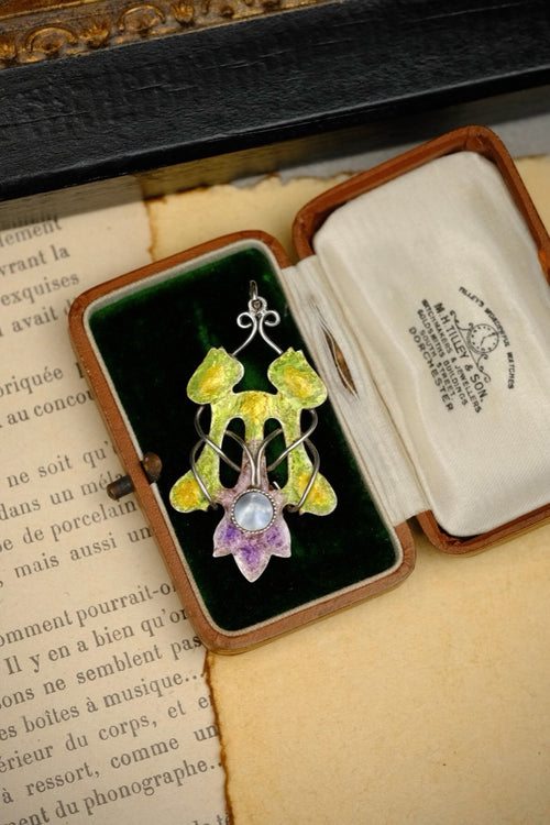 1910s Arts and Crafts sterling silver enamel tulip pendant photo 1