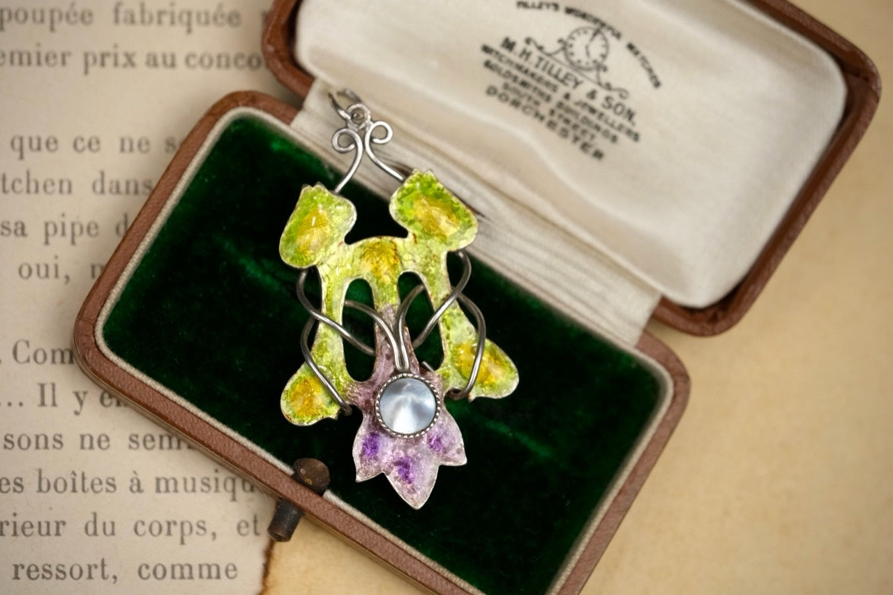 1910s Arts and Crafts sterling silver enamel tulip pendant photo 2
