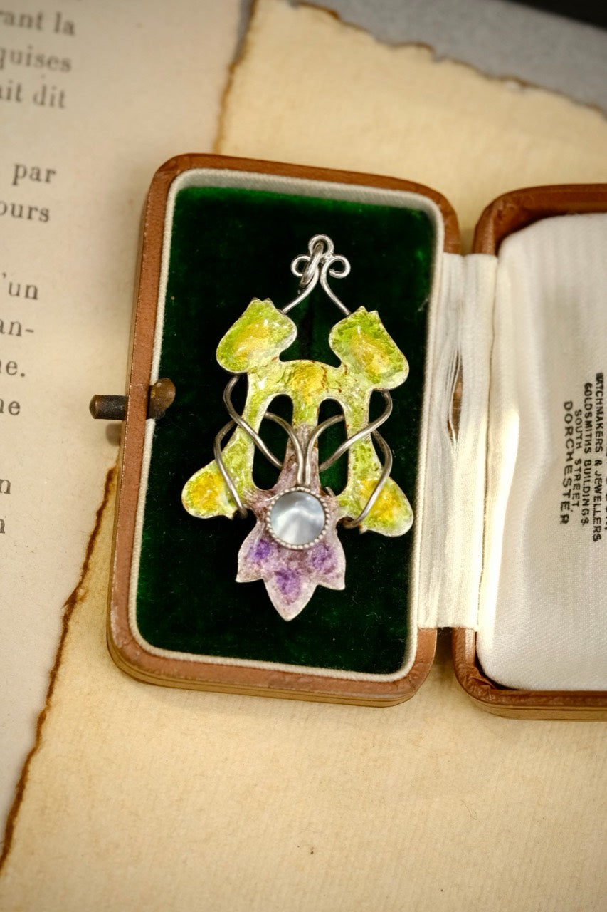 1910s Arts and Crafts sterling silver enamel tulip pendant photo 3