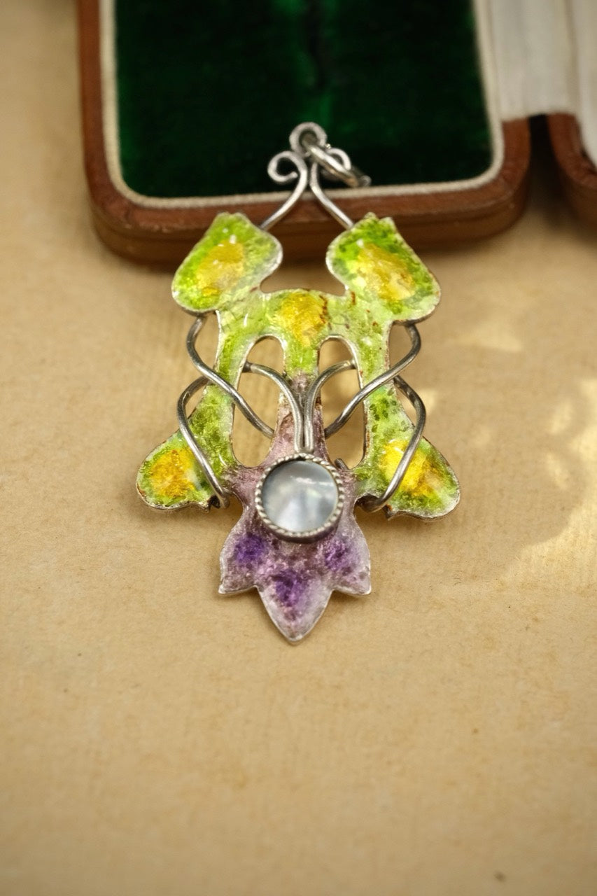 1910s Arts and Crafts sterling silver enamel tulip pendant photo 4