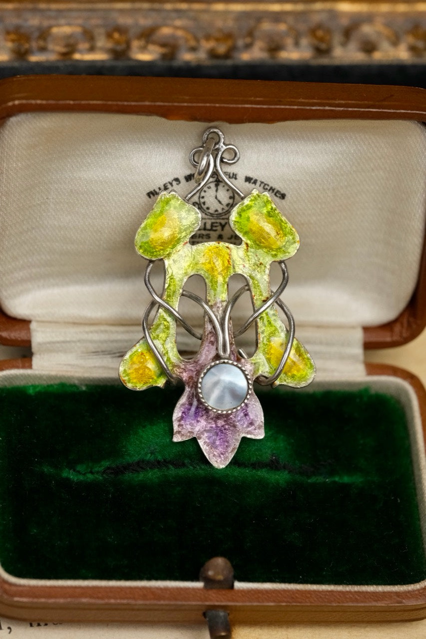 1910s Arts and Crafts sterling silver enamel tulip pendant photo 5