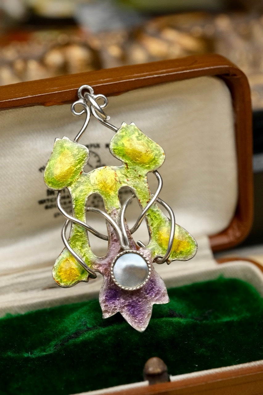 1910s Arts and Crafts sterling silver enamel tulip pendant photo 6